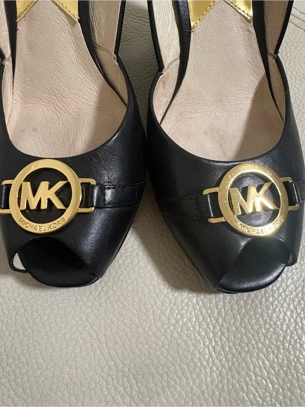 Michael Kors Black Leather Slingback Peep-Toe Heels with Gold MK Logo Size 5.5